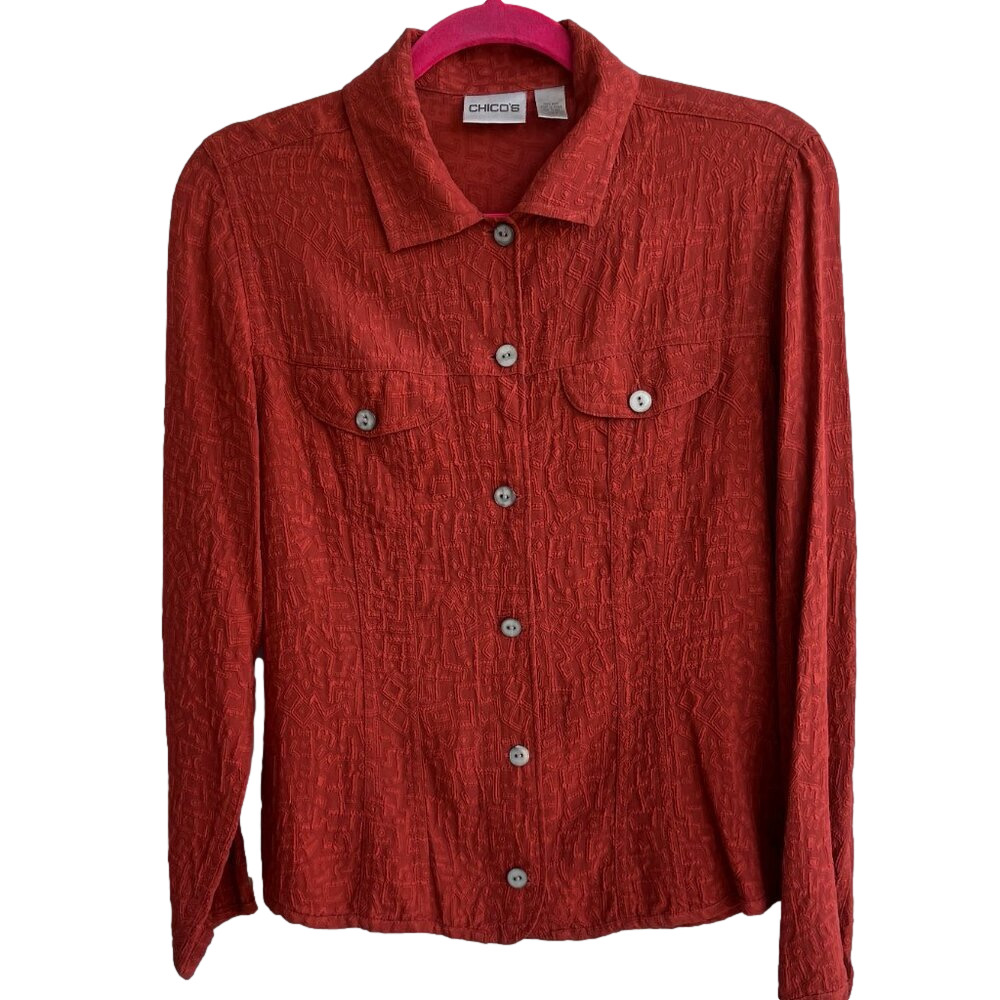 Chico's Blouse Size 0=small Silk Button Up  Rust Long Sleeve Geometric pattern